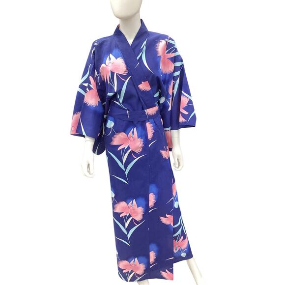 Vintage Marnky Kimono Women’s One SZ 100% Cotton Made In Japan Long Belted Blue - Picture 1 of 6